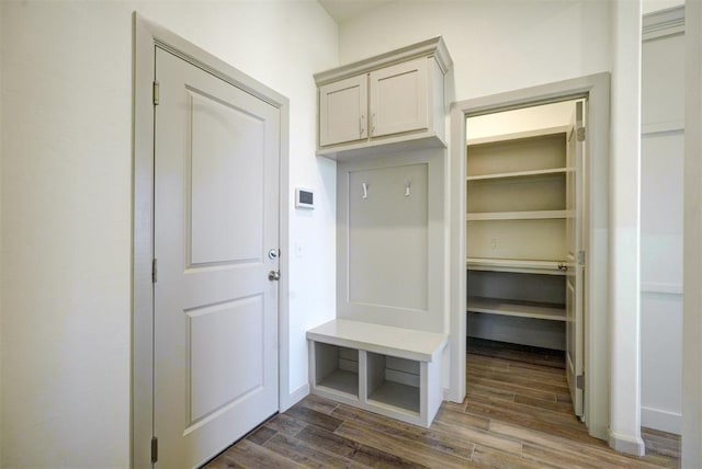 mudroom with dark hardwood / wood-style floors