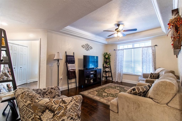 living room with a tray ceiling, dark wood-type flooring, and a textured ceiling