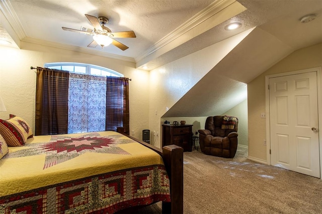 carpeted bedroom with a textured ceiling, ceiling fan, and ornamental molding