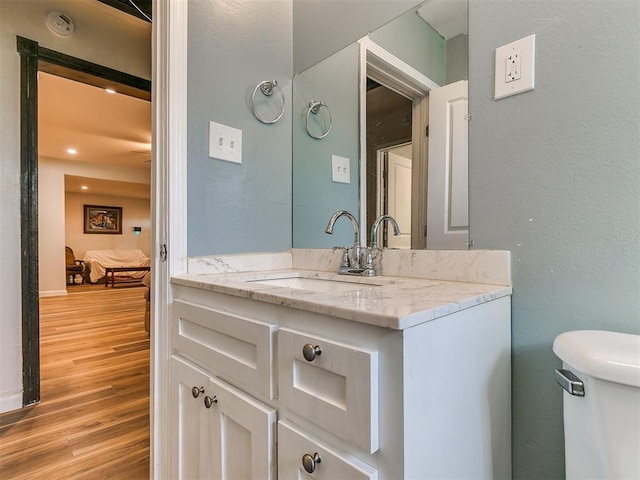 bathroom with vanity, toilet, and wood-type flooring