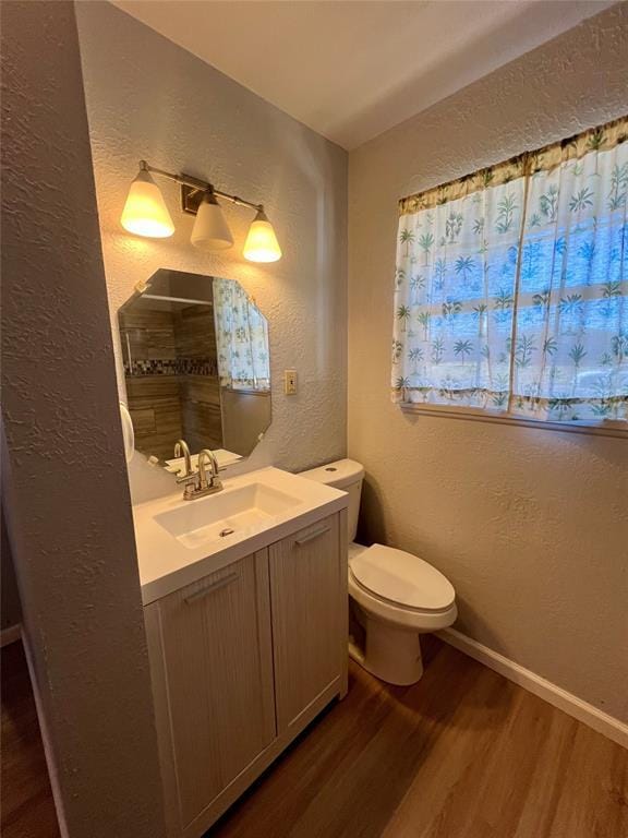 bathroom with vanity, wood-type flooring, and toilet