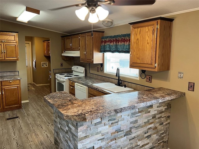 kitchen featuring hardwood / wood-style floors, white appliances, crown molding, and sink