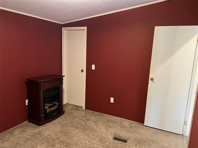 interior space featuring crown molding, carpet floors, and a textured ceiling