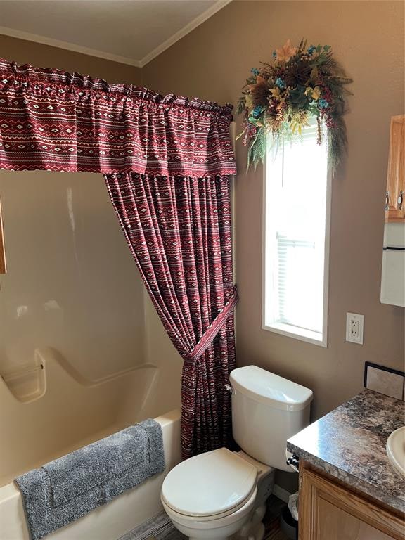 full bathroom featuring crown molding, shower / bath combo with shower curtain, vanity, and toilet