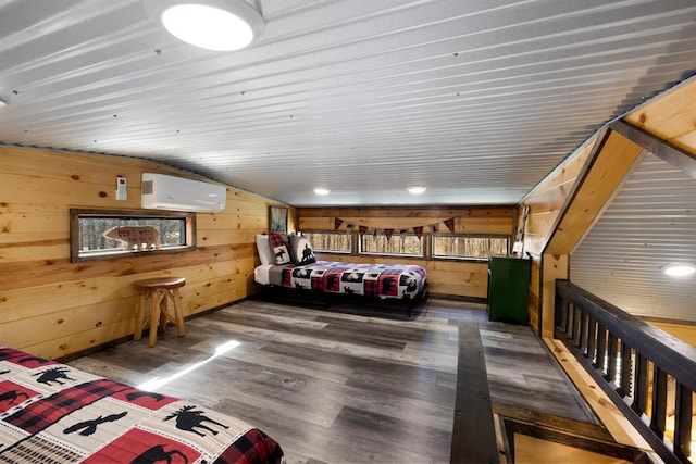 garage featuring a wall mounted AC and wooden walls