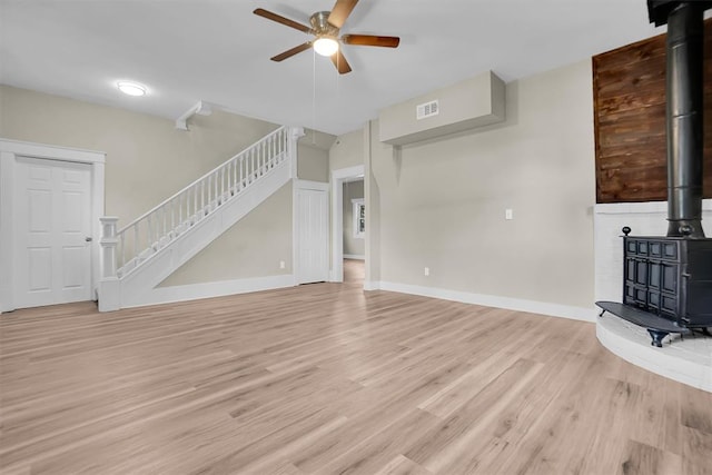 unfurnished living room with light hardwood / wood-style floors, a wood stove, and ceiling fan