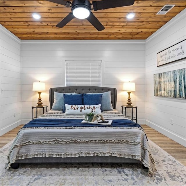 bedroom with wood-type flooring, ceiling fan, wooden ceiling, and wood walls