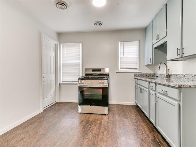 kitchen with stainless steel gas stove, dark hardwood / wood-style floors, a healthy amount of sunlight, and sink