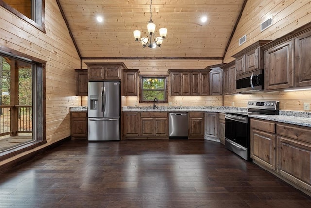 kitchen featuring dark hardwood / wood-style flooring, stainless steel appliances, plenty of natural light, and wood walls