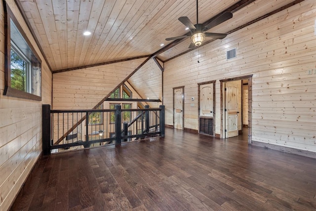 spare room featuring a wealth of natural light, wooden ceiling, dark wood-type flooring, and wooden walls