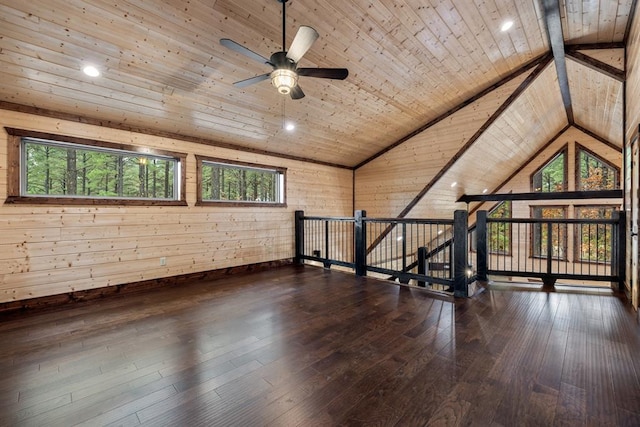 unfurnished room with hardwood / wood-style floors, vaulted ceiling with beams, wood walls, and wood ceiling