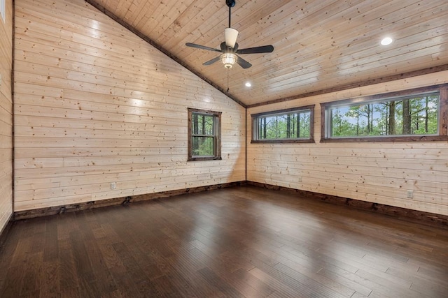 unfurnished room featuring ceiling fan, wooden ceiling, vaulted ceiling, wooden walls, and hardwood / wood-style flooring