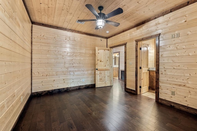 empty room featuring wood ceiling, wooden walls, ceiling fan, and dark wood-type flooring