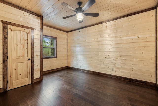 unfurnished bedroom featuring wood walls, dark hardwood / wood-style flooring, ceiling fan, and wood ceiling