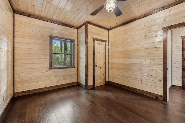 interior space with dark hardwood / wood-style flooring, wood ceiling, ceiling fan, and wood walls