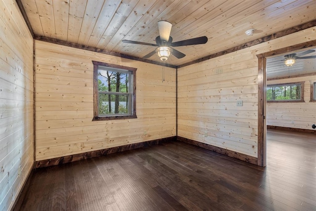 empty room featuring wood ceiling, wooden walls, ceiling fan, and dark wood-type flooring