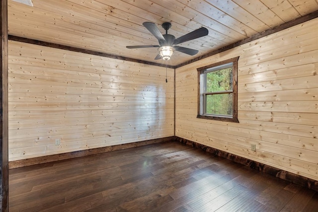 unfurnished room with wooden ceiling, ceiling fan, dark wood-type flooring, and wood walls