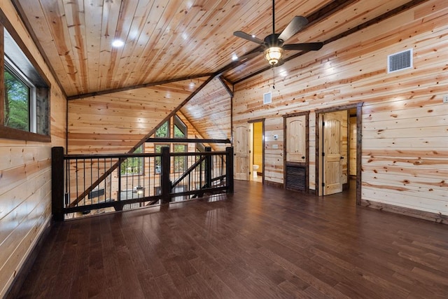 additional living space with vaulted ceiling with beams, wood ceiling, dark wood-type flooring, and wooden walls