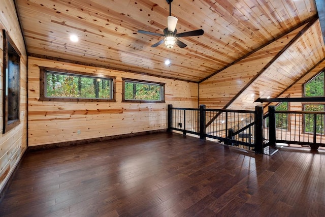 spare room featuring wooden ceiling, dark hardwood / wood-style floors, and wooden walls