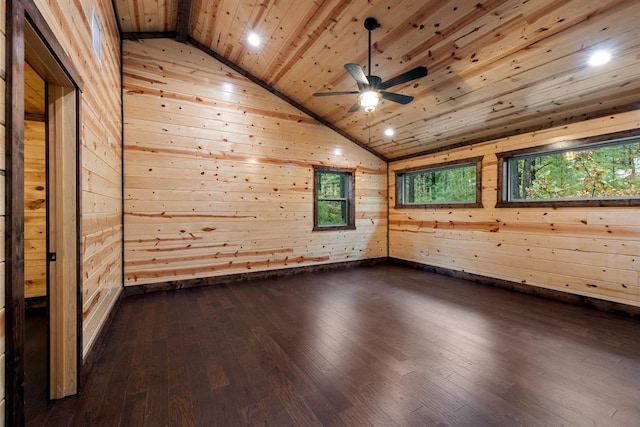 spare room featuring wood walls, dark wood-type flooring, a healthy amount of sunlight, and wooden ceiling