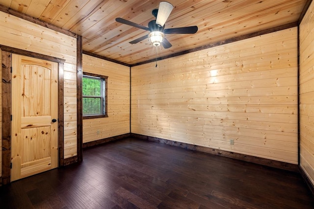 unfurnished room featuring dark hardwood / wood-style floors, ceiling fan, wood ceiling, and wooden walls