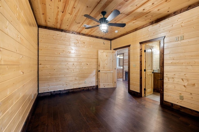 spare room with ceiling fan, wood walls, dark hardwood / wood-style flooring, and wood ceiling