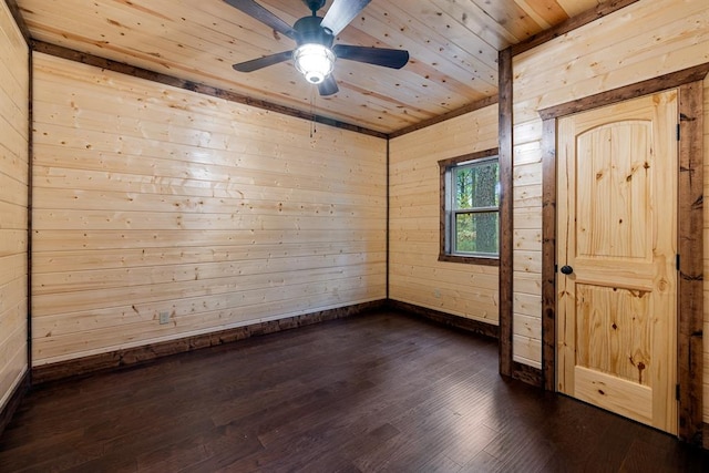 empty room with ceiling fan, dark hardwood / wood-style flooring, wood ceiling, and wood walls