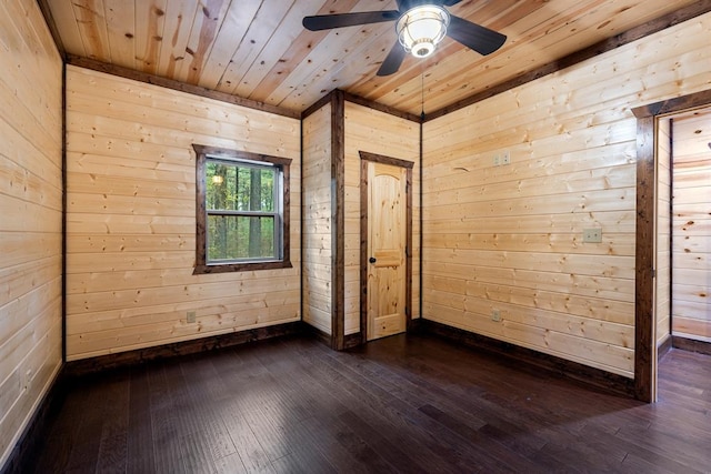 spare room with ceiling fan, wood walls, dark hardwood / wood-style flooring, and wood ceiling