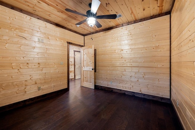 unfurnished room with wood ceiling, wood walls, ceiling fan, and dark wood-type flooring