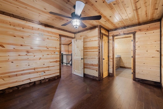 unfurnished room featuring dark hardwood / wood-style flooring, ceiling fan, wooden walls, and wood ceiling