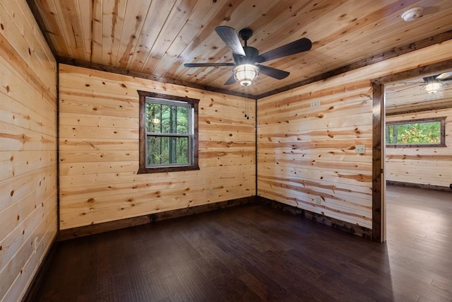 unfurnished room featuring a healthy amount of sunlight, dark wood-type flooring, and wooden walls