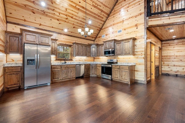 72 Xpress Ln, Broken Bow, OK 74728 - kitchen featuring appliances with stainless steel finishes, a sink, dark wood-type flooring, wood walls, and wooden ceiling