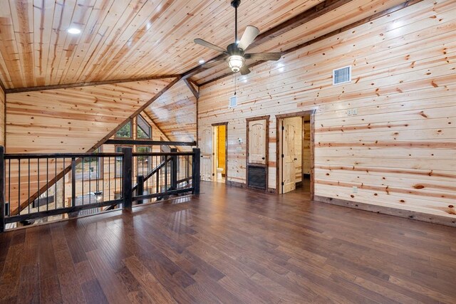 72 Xpress Ln, Broken Bow, OK 74728 - additional living space with a ceiling fan, wooden ceiling, wood finished floors, wooden walls, and high vaulted ceiling