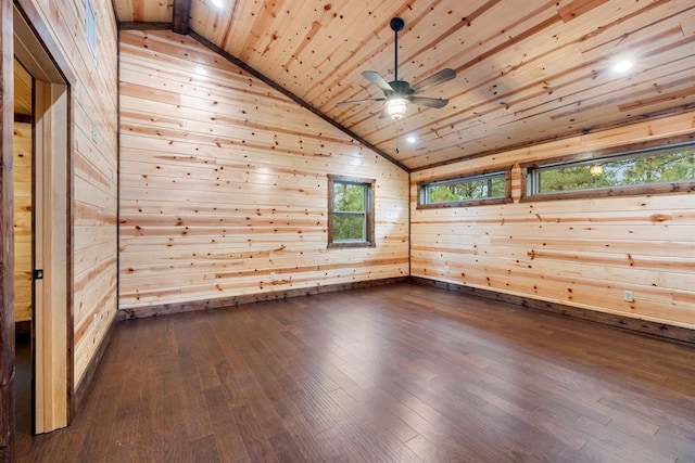 72 Xpress Ln, Broken Bow, OK 74728 - unfurnished room featuring vaulted ceiling, wood ceiling, wood walls, dark wood-style flooring, and ceiling fan
