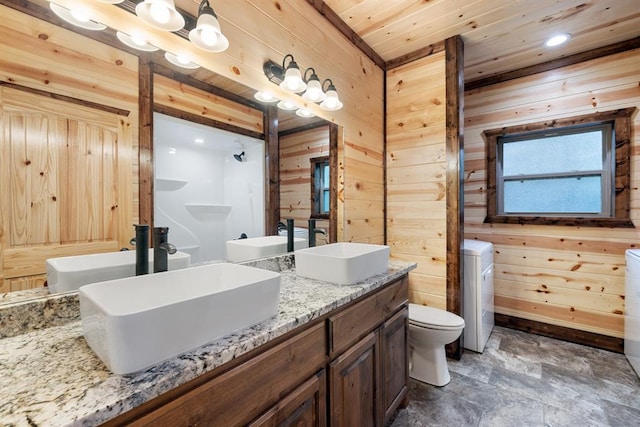 72 Xpress Ln, Broken Bow, OK 74728 - bathroom with wood walls, wood ceiling, double vanity, toilet, and a shower