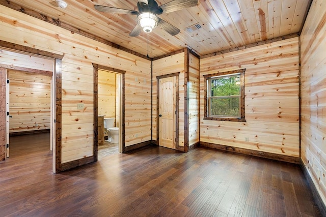 unfurnished bedroom with dark hardwood / wood-style floors, wood walls, wooden ceiling, and ensuite bath