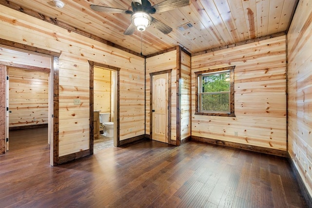 72 Xpress Ln, Broken Bow, OK 74728 - empty room featuring dark wood-style floors, wooden walls, a ceiling fan, and wood ceiling