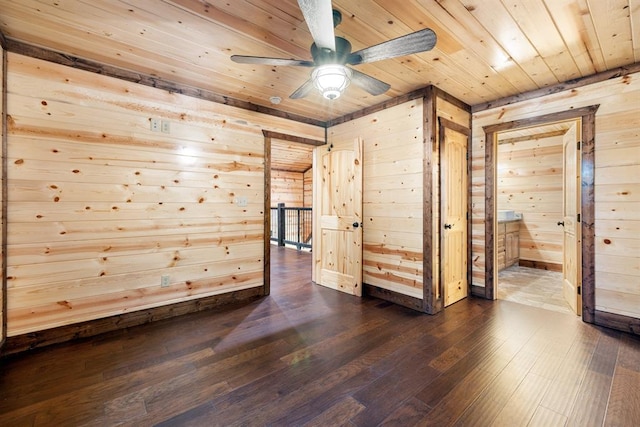 unfurnished room featuring ceiling fan, dark hardwood / wood-style flooring, wooden ceiling, and wooden walls