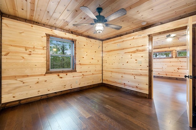 empty room featuring wooden walls, dark hardwood / wood-style floors, and a wealth of natural light