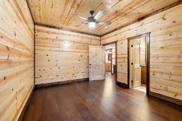 72 Xpress Ln, Broken Bow, OK 74728 - unfurnished bedroom with wooden ceiling, wood walls, and dark wood-style floors