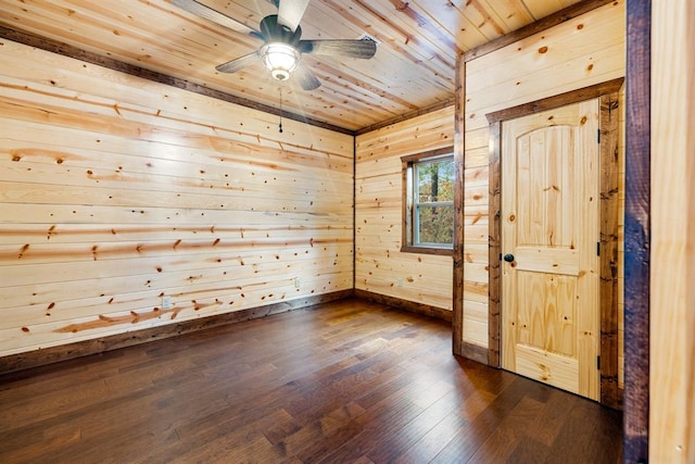 unfurnished room featuring wood ceiling, wooden walls, ceiling fan, and dark wood-type flooring