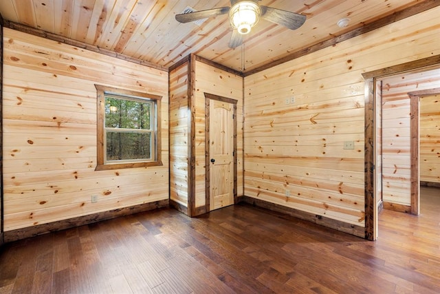 spare room with ceiling fan, wooden ceiling, dark wood-type flooring, and wooden walls