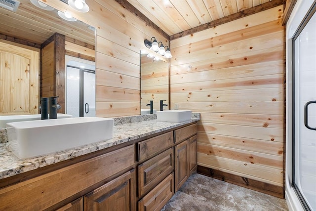 bathroom featuring vanity, wooden ceiling, an enclosed shower, and wooden walls