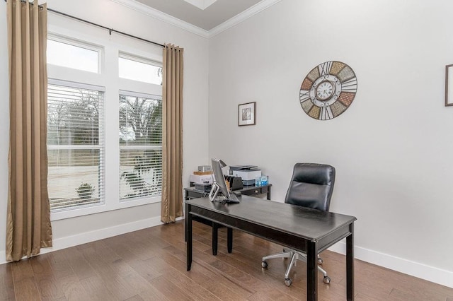 home office featuring crown molding and wood-type flooring