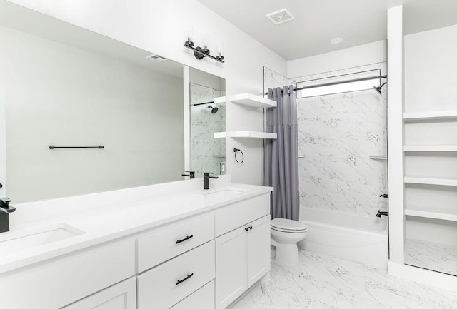 full bathroom with vanity, toilet, and shower / bathtub combination with curtain