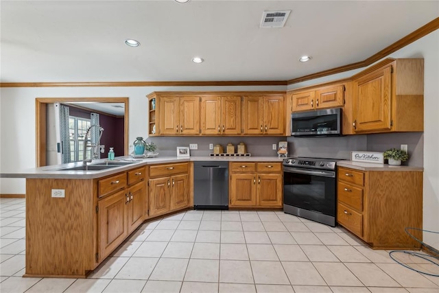 kitchen featuring sink, crown molding, light tile patterned floors, appliances with stainless steel finishes, and kitchen peninsula