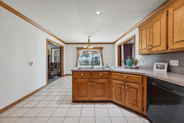 kitchen featuring light tile patterned floors, black dishwasher, an inviting chandelier, and ornamental molding