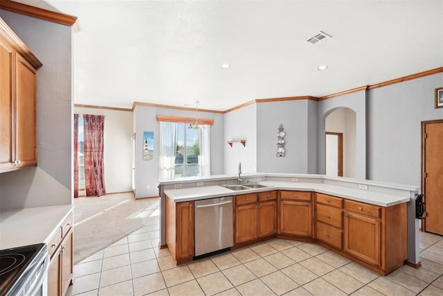 kitchen with stove, ornamental molding, light colored carpet, sink, and dishwasher