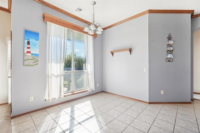 empty room with a healthy amount of sunlight, ornamental molding, and an inviting chandelier