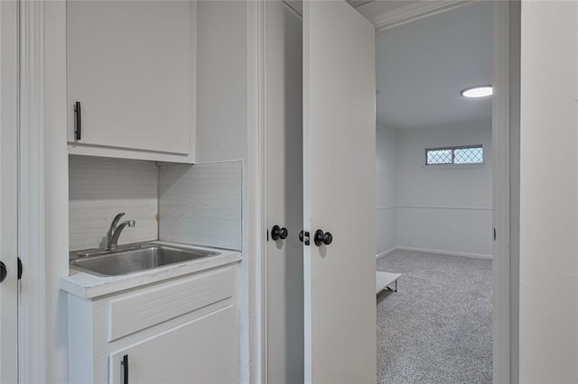 laundry area with sink and light colored carpet